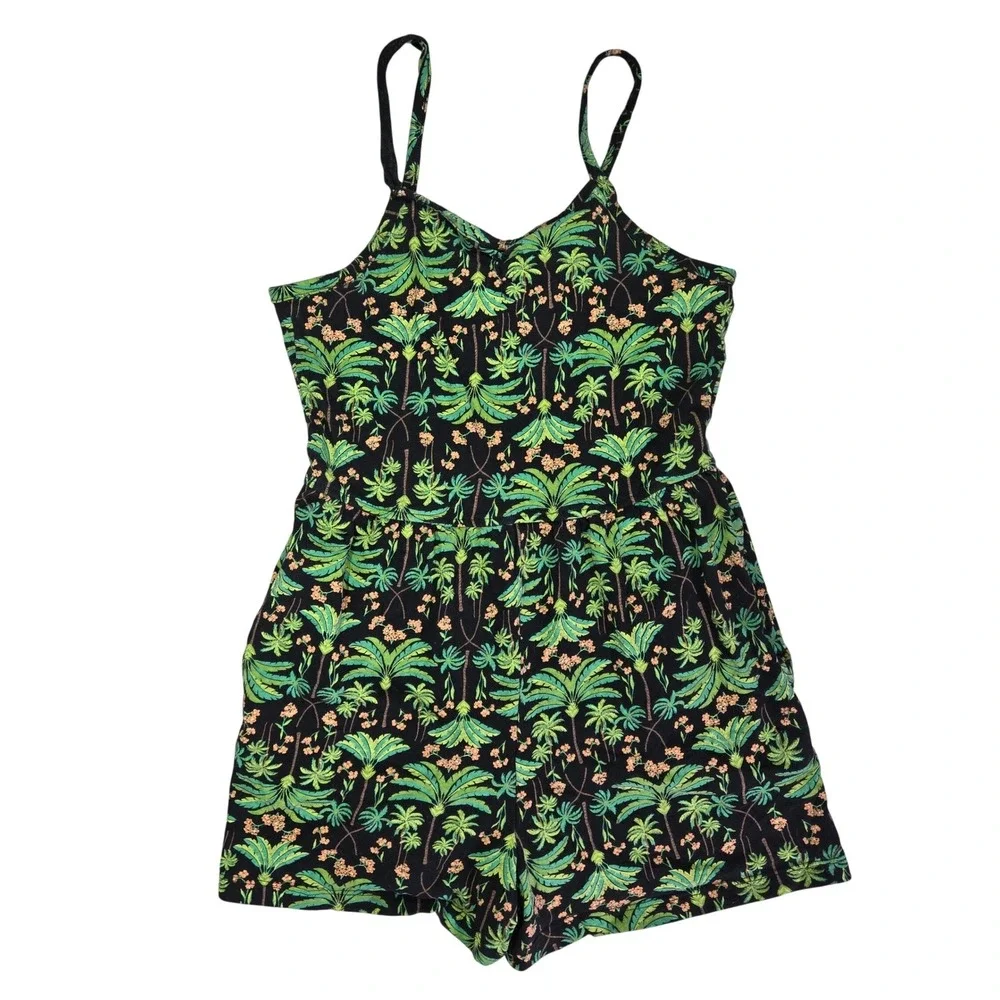 Old Navy Girls Large Romper Black Green Palm Tree Tropical Cotton Sleeveless